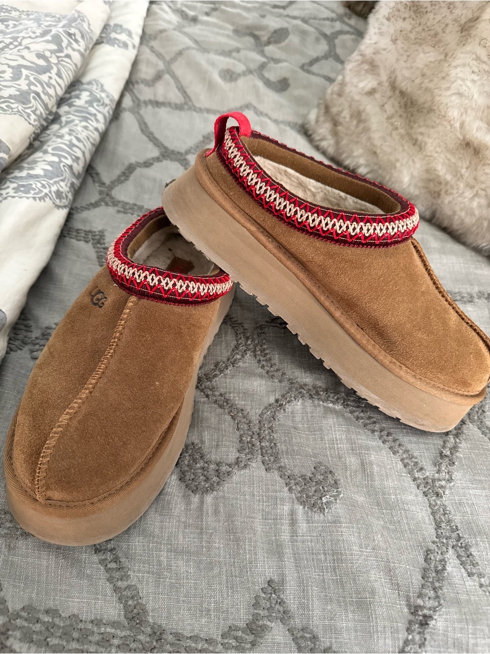 UGG Tazz Chestnut Suede Slip-On Mules with Red Trim